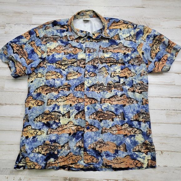 Men's The Days Catch Fishing Shirt Short Sleeve Vented Fish Print All Over Sz SM - Picture 1 of 6